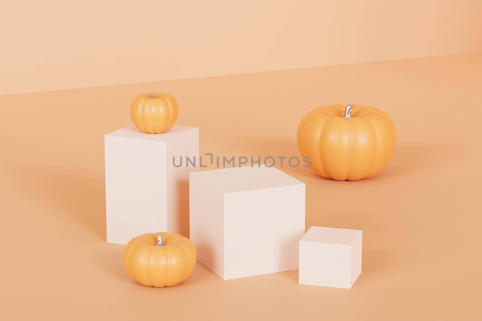 Podiums or pedestals with pumpkins for products display or advertising for autumn holidays on orange background, 3d render
