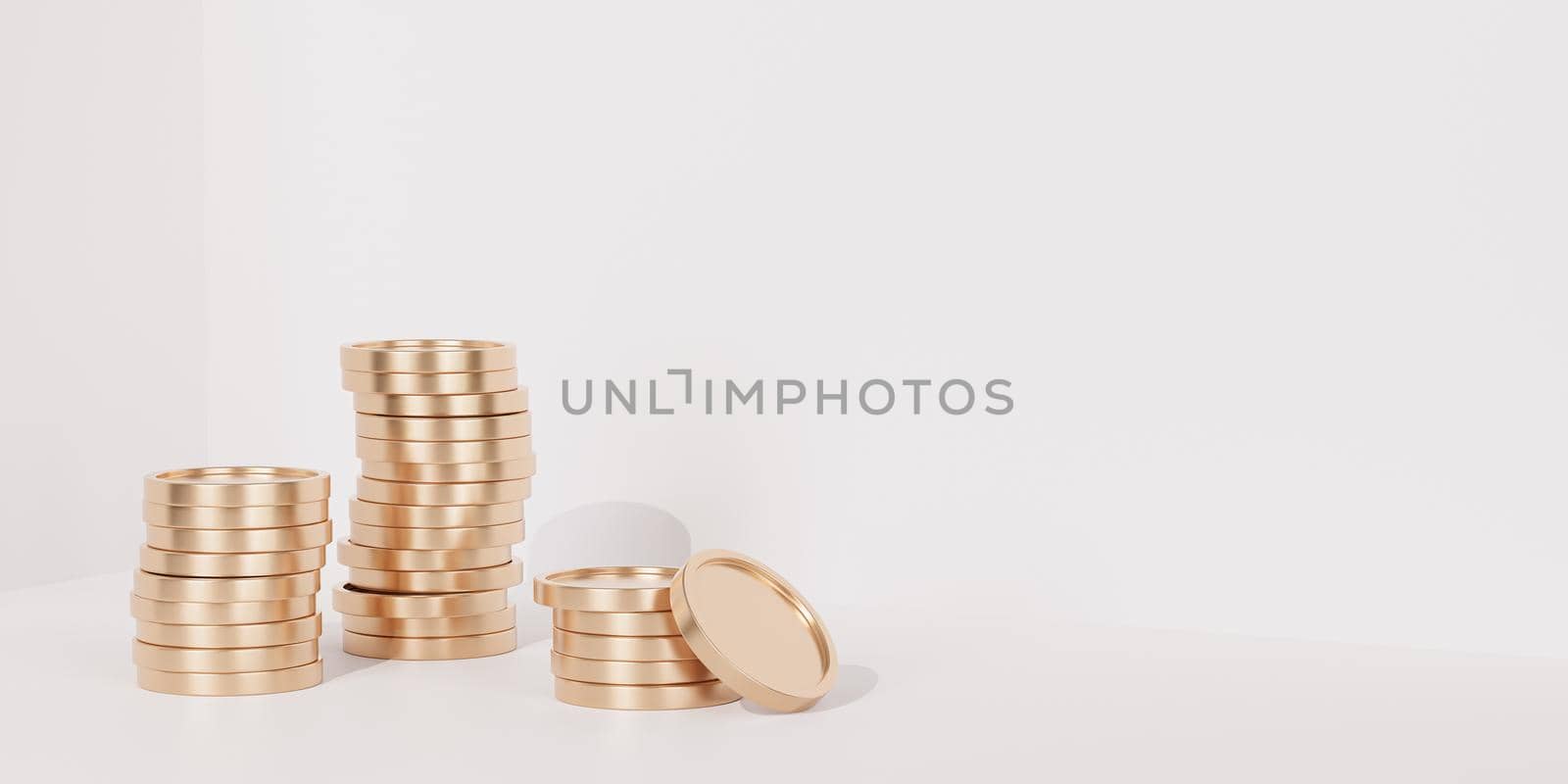 Golden coin stacks growing graph on white banner background, business investment and saving money concept, realistic 3d render
