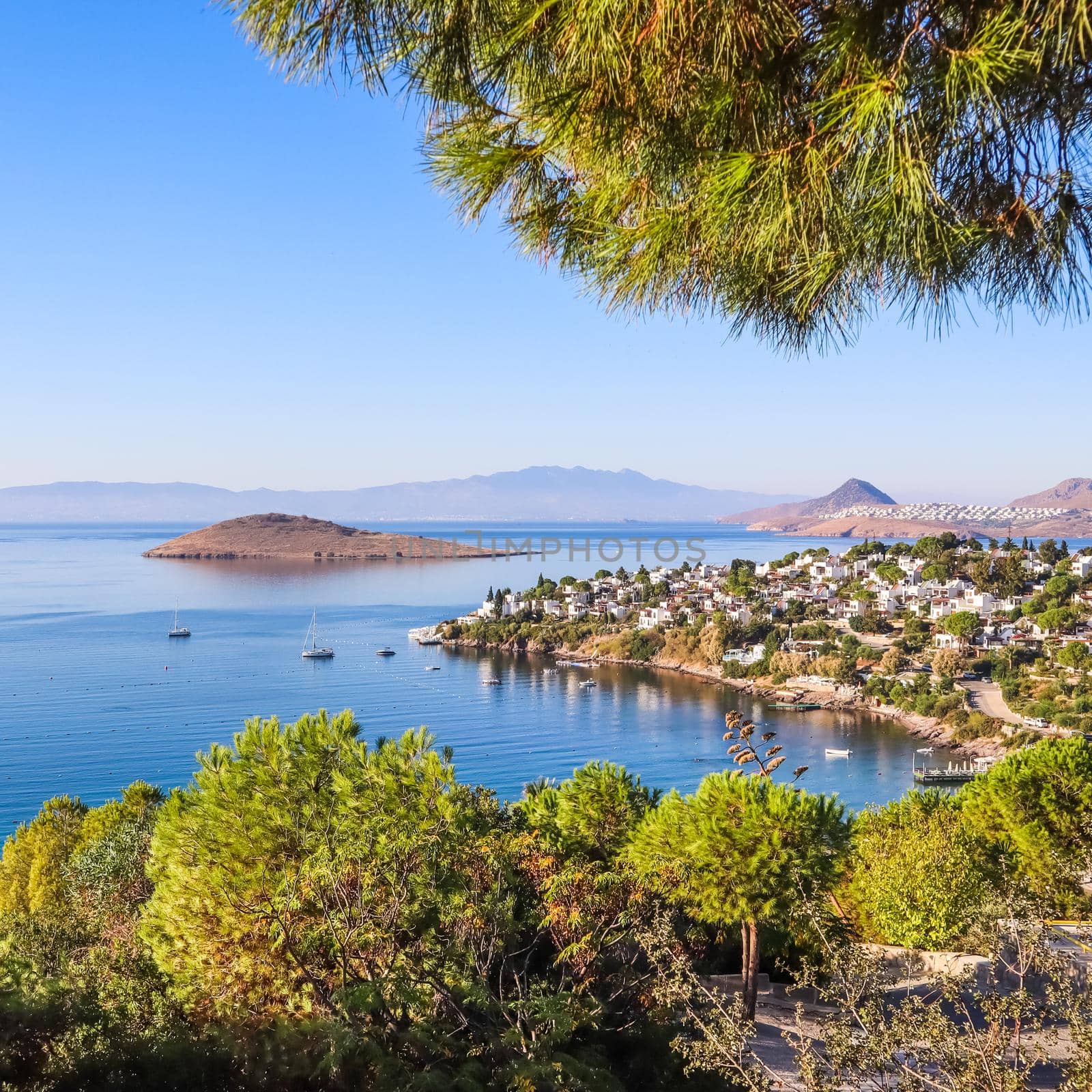 Aegean coast with marvelous blue water, rich nature, islands, mountains and small white houses by Olayola