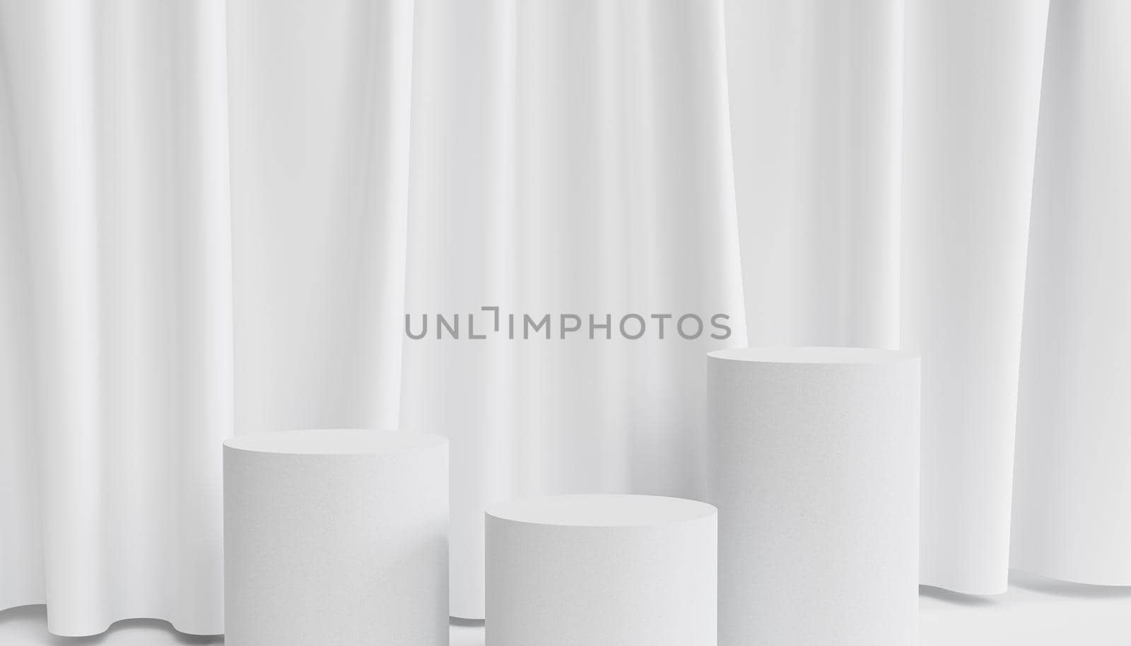 Cylinder podiums or pedestals for products or advertising on white background with curtains, minimal 3d render