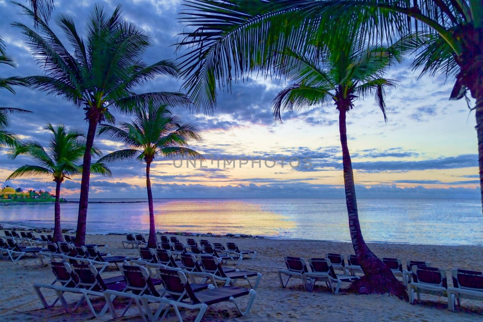 Concept of summer vacation. Sun loungers on the tropical beach and sea in the summer sunset. Empty beach loungers for summer holidays in a tropical paradise island.