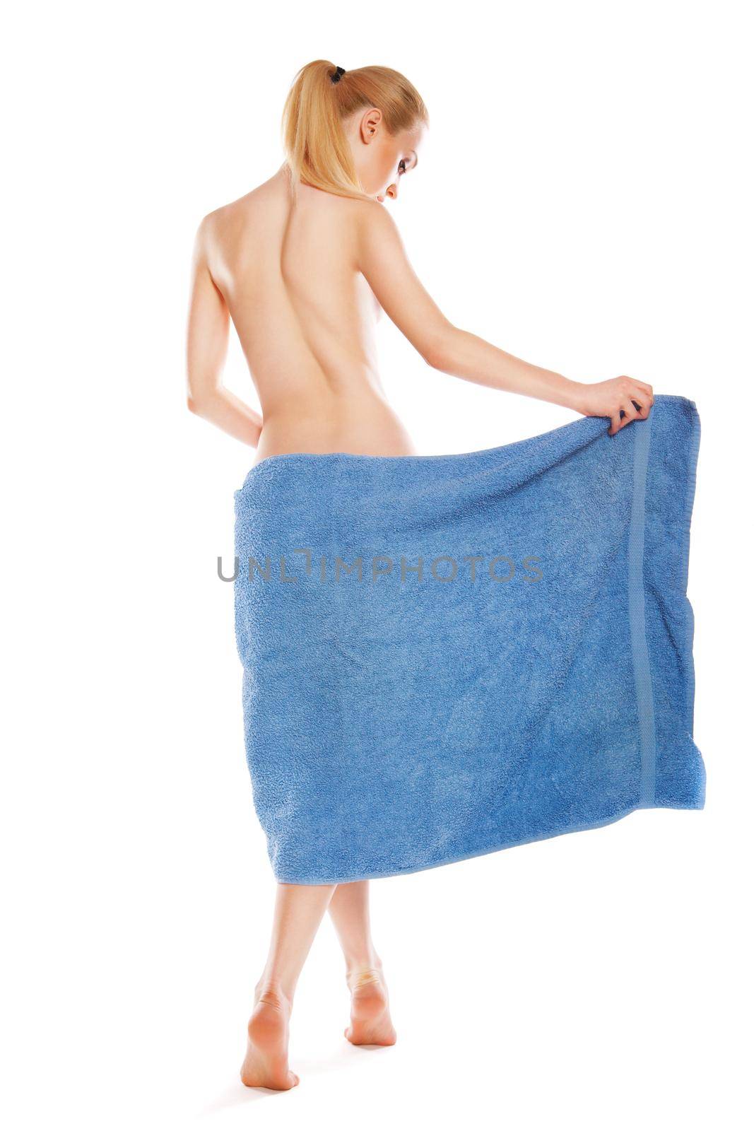 slim young woman after bath with towel over white by Julenochek