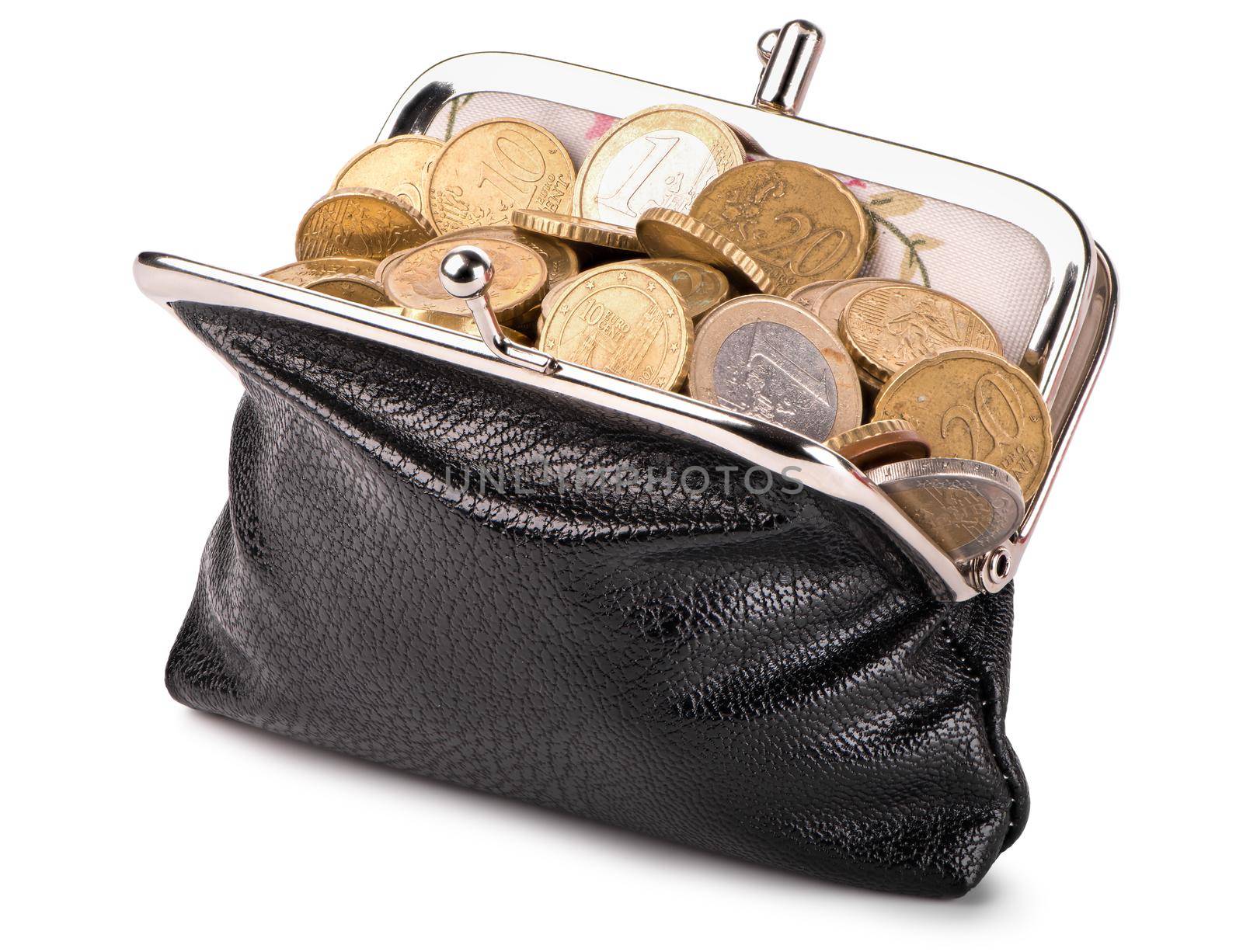 Black wallet with coins isolated on white background