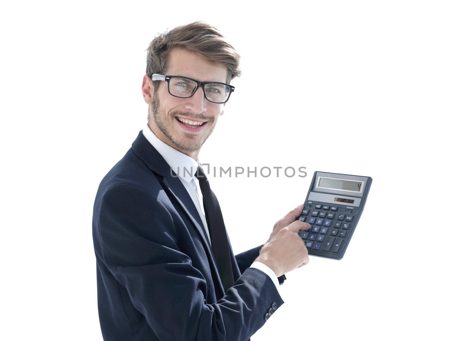 man smiles and shows on calculator.profit