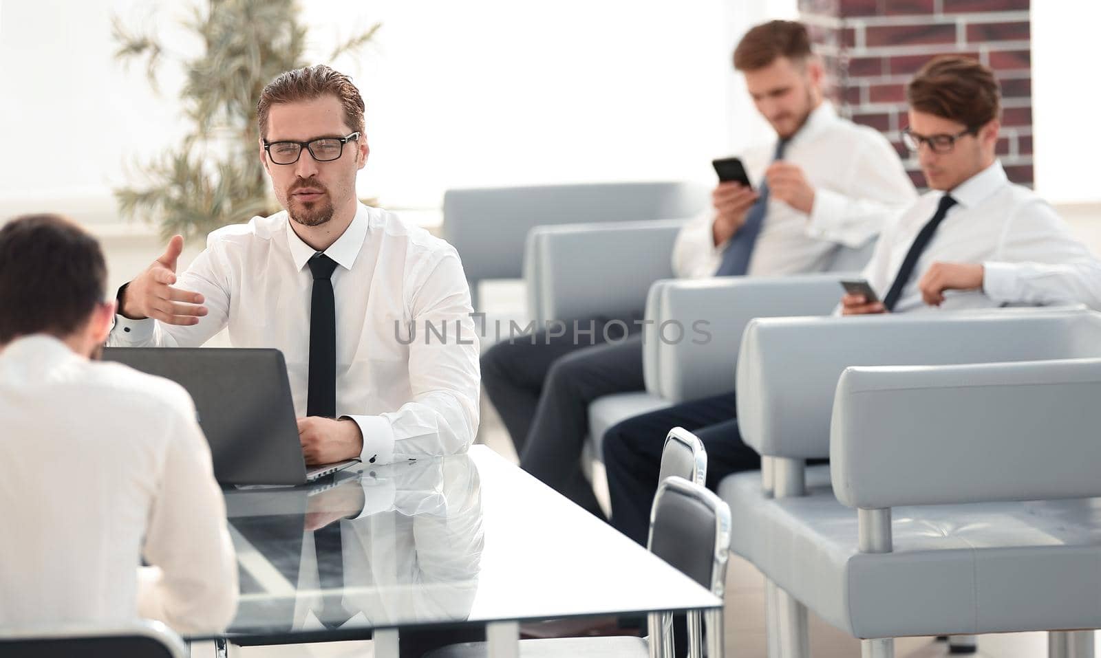 Bank employees in the workplace in the office.photo with text space