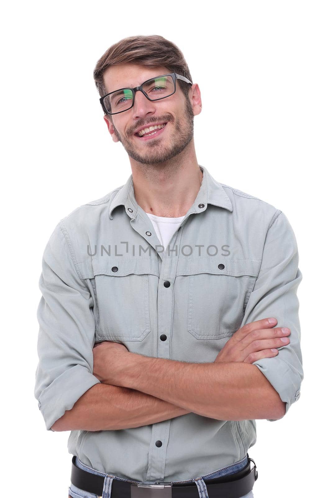 close up.modern young man with glasses .isolated on white background