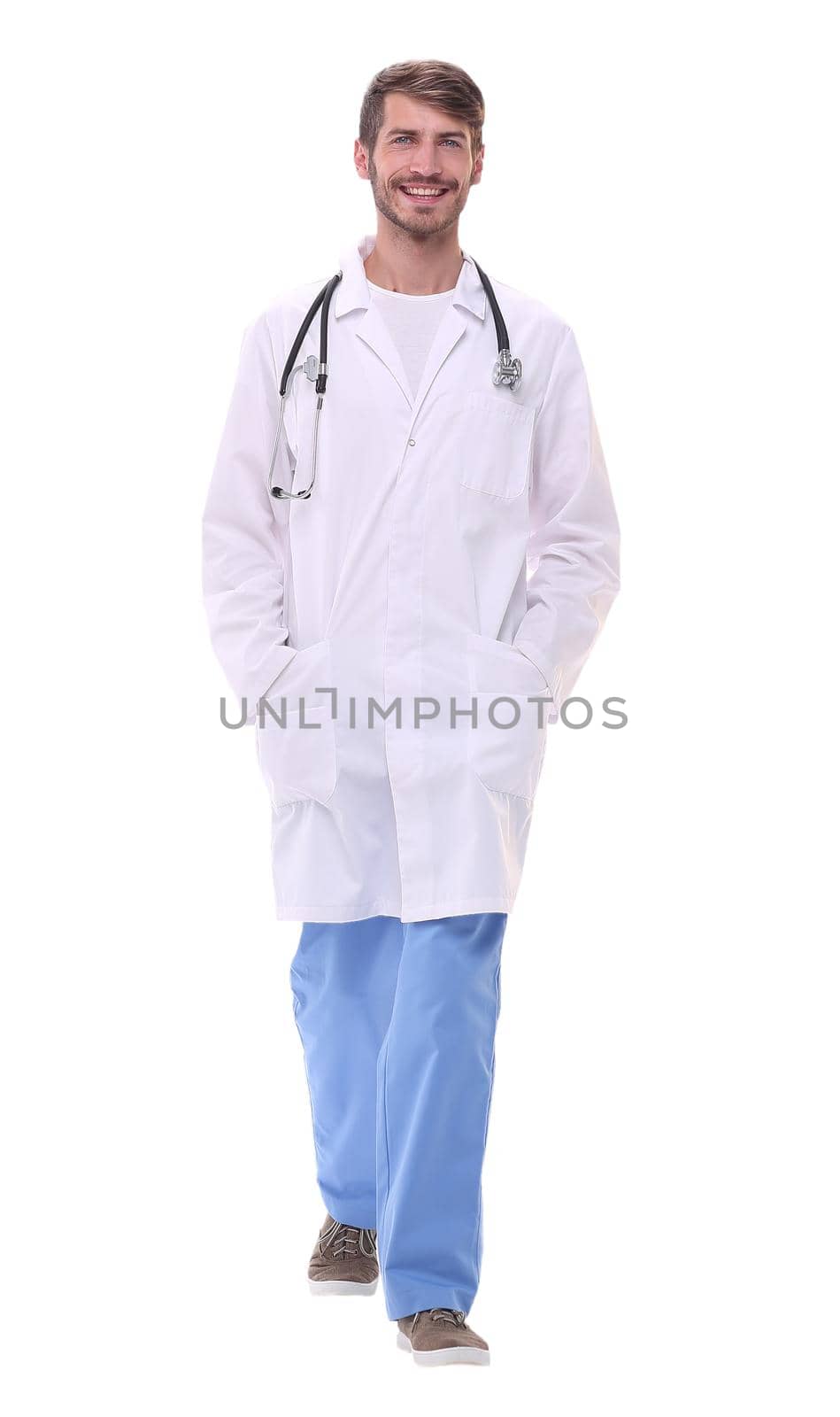 in full growth. smiling doctor physician with stethoscope .isolated on white background