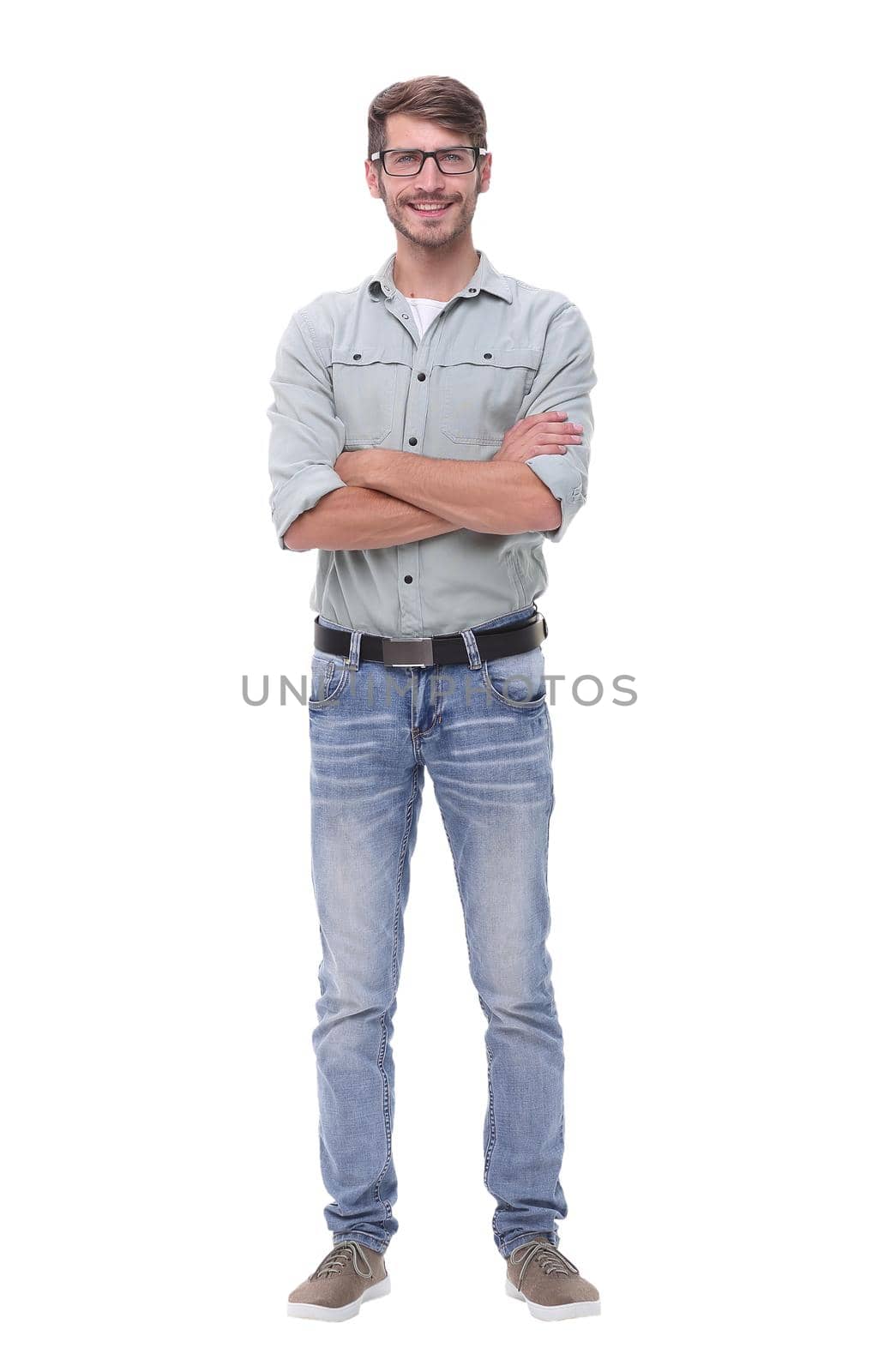 in full growth.serious young man with glasses.isolated on white background