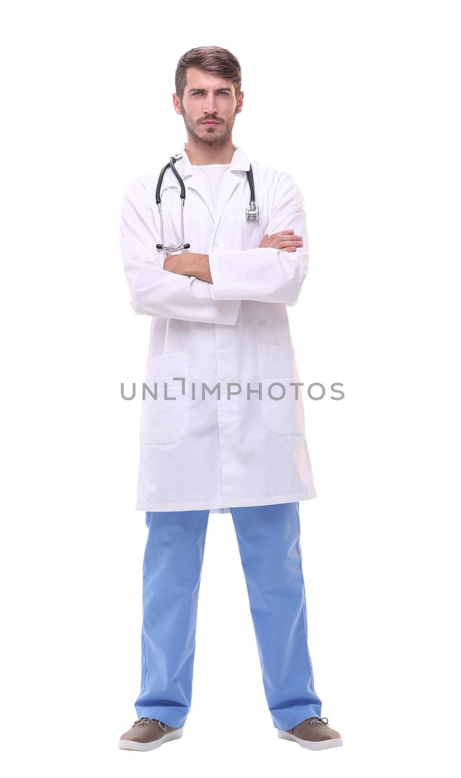 in full growth. doctor therapist with a stethoscope .isolated on white background