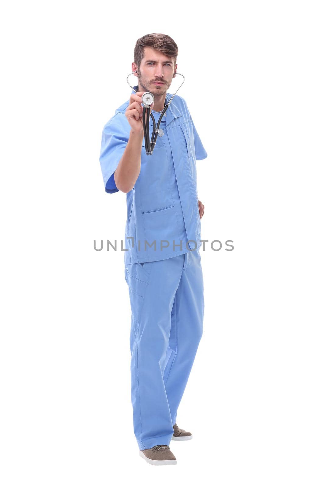 in full growth.medical doctor with stethoscope.isolated on white background