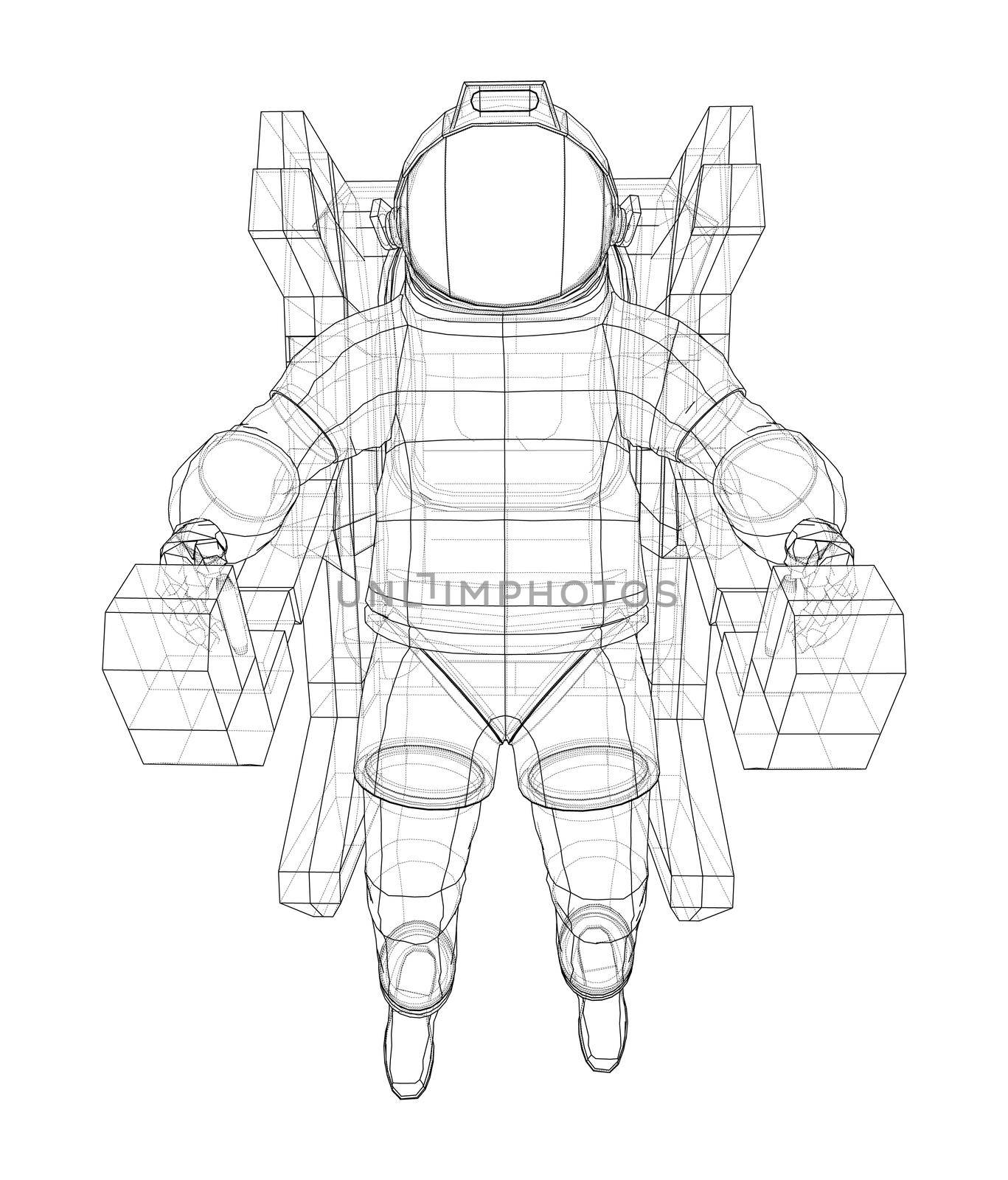 Astronaut concept. 3d illustration. Wire-frame or blueprint style