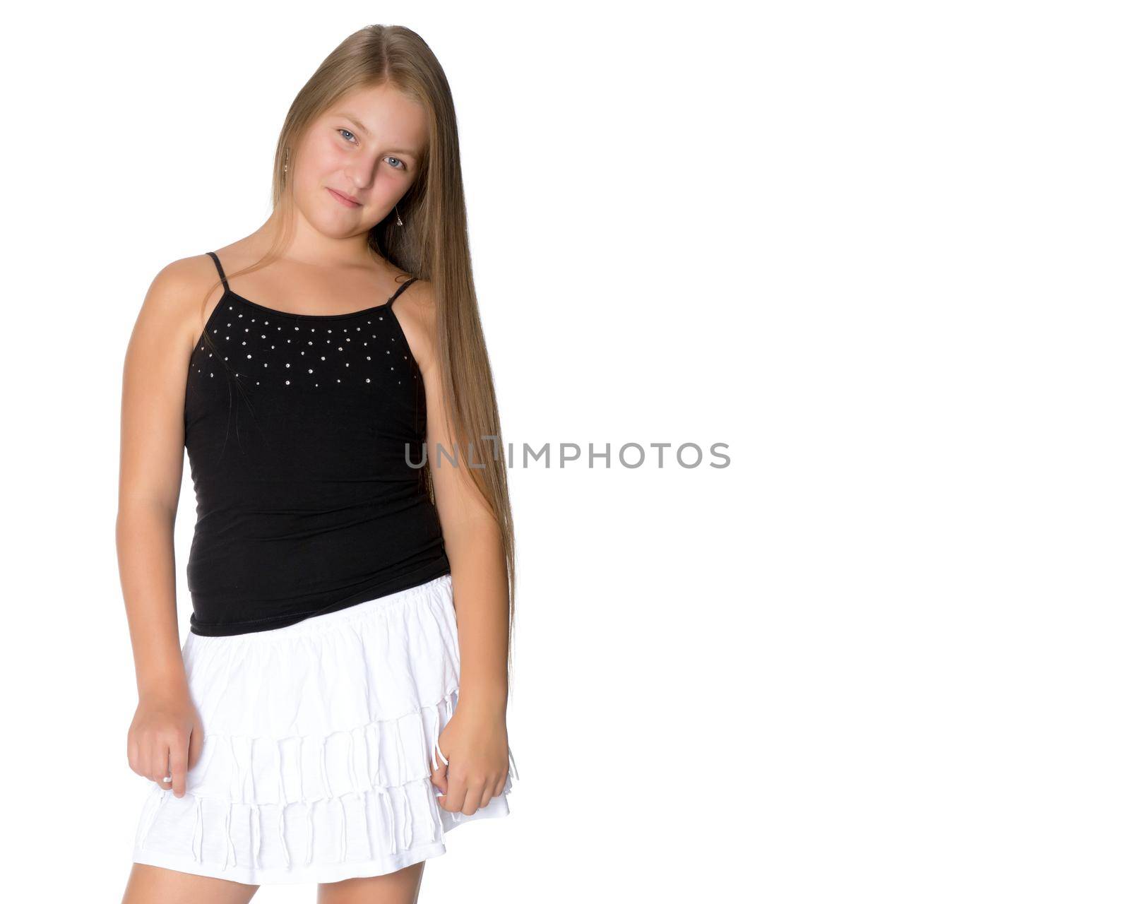 Beautiful teen girl close-up on white background. The concept of youth culture, education and school. Isolated.