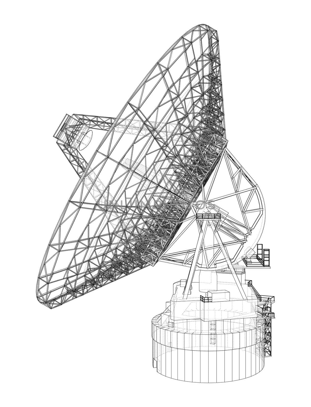 Radio Telescope concept outline. 3d illustration. Wire-frame style