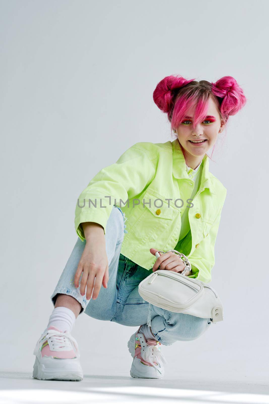 cheerful woman pink hair posing fashion clothes lifestyle fun design by Vichizh