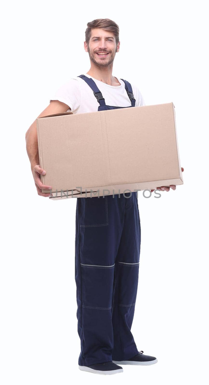 in full growth.male courier with a big box.isolated on white background