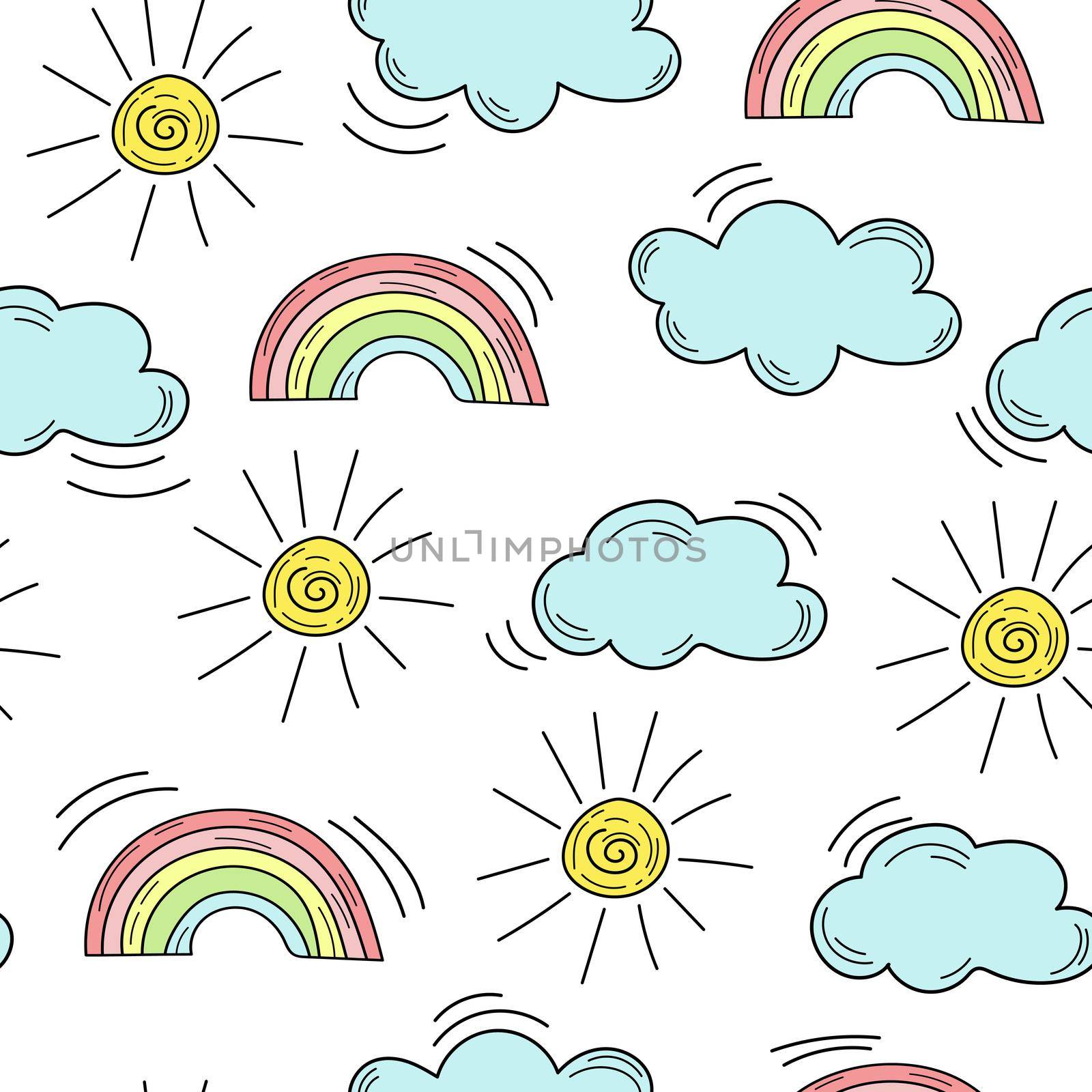 Cute seamless pattern with a rainbow, clouds and sun on white by natali_brill