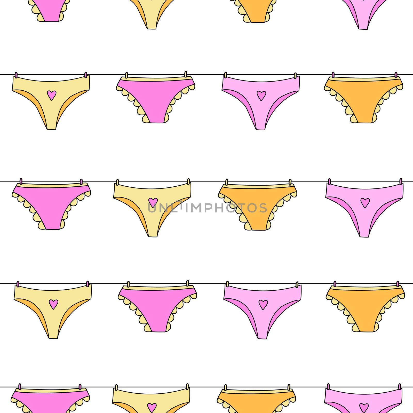 Seamless pattern with hand drawn female underwear hanging on clothesline. White background