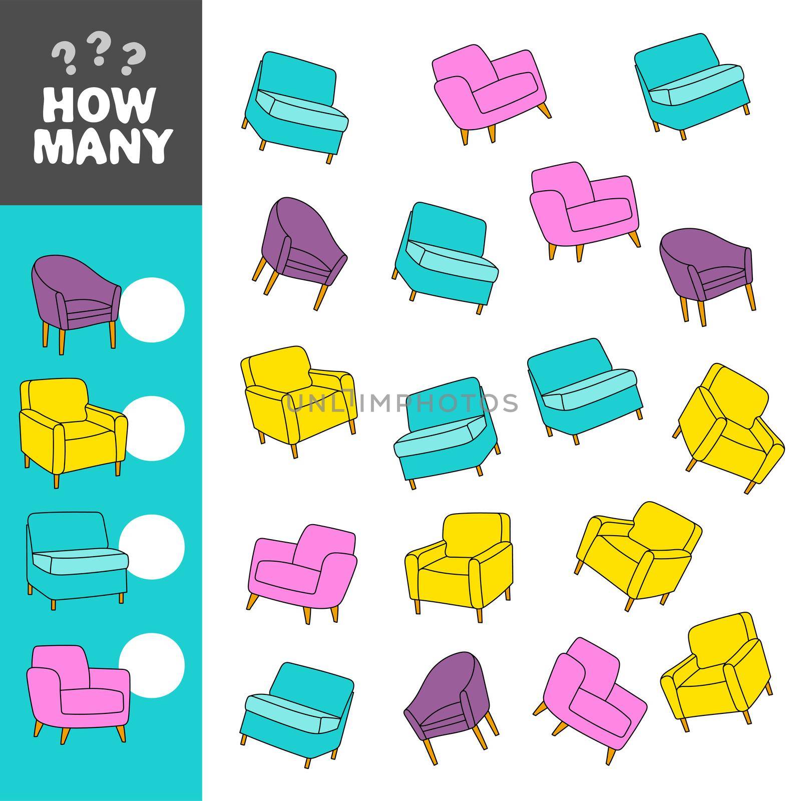 Printable worksheet for kindergarten and preschool. Math game for preschool and school children. Counting game with chairs