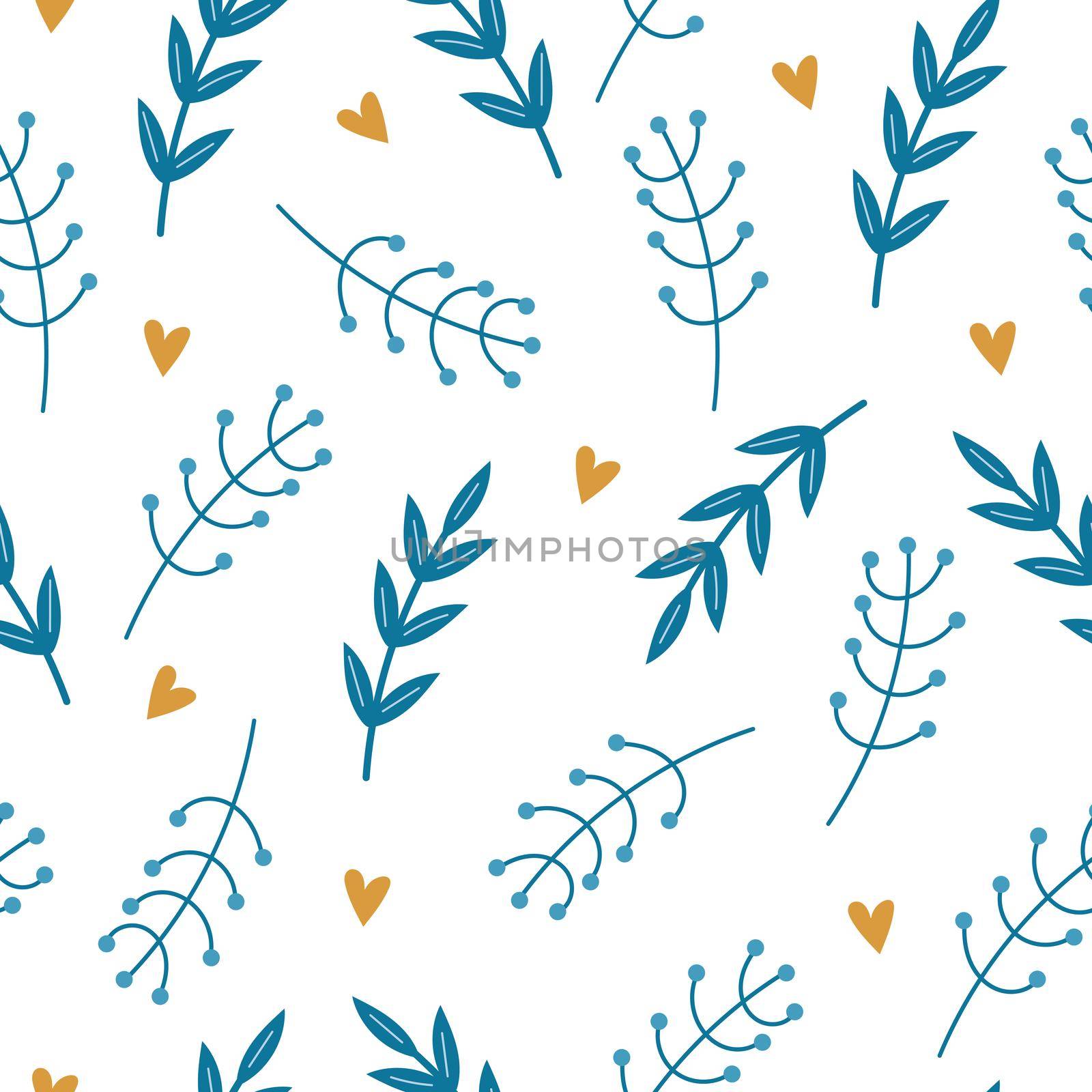 Hand drawn blue small twigs, abstract leaves and hearts - Repeating Pattern. Seamless pattern for wallpaper, greeting cards, wrapping, home decor