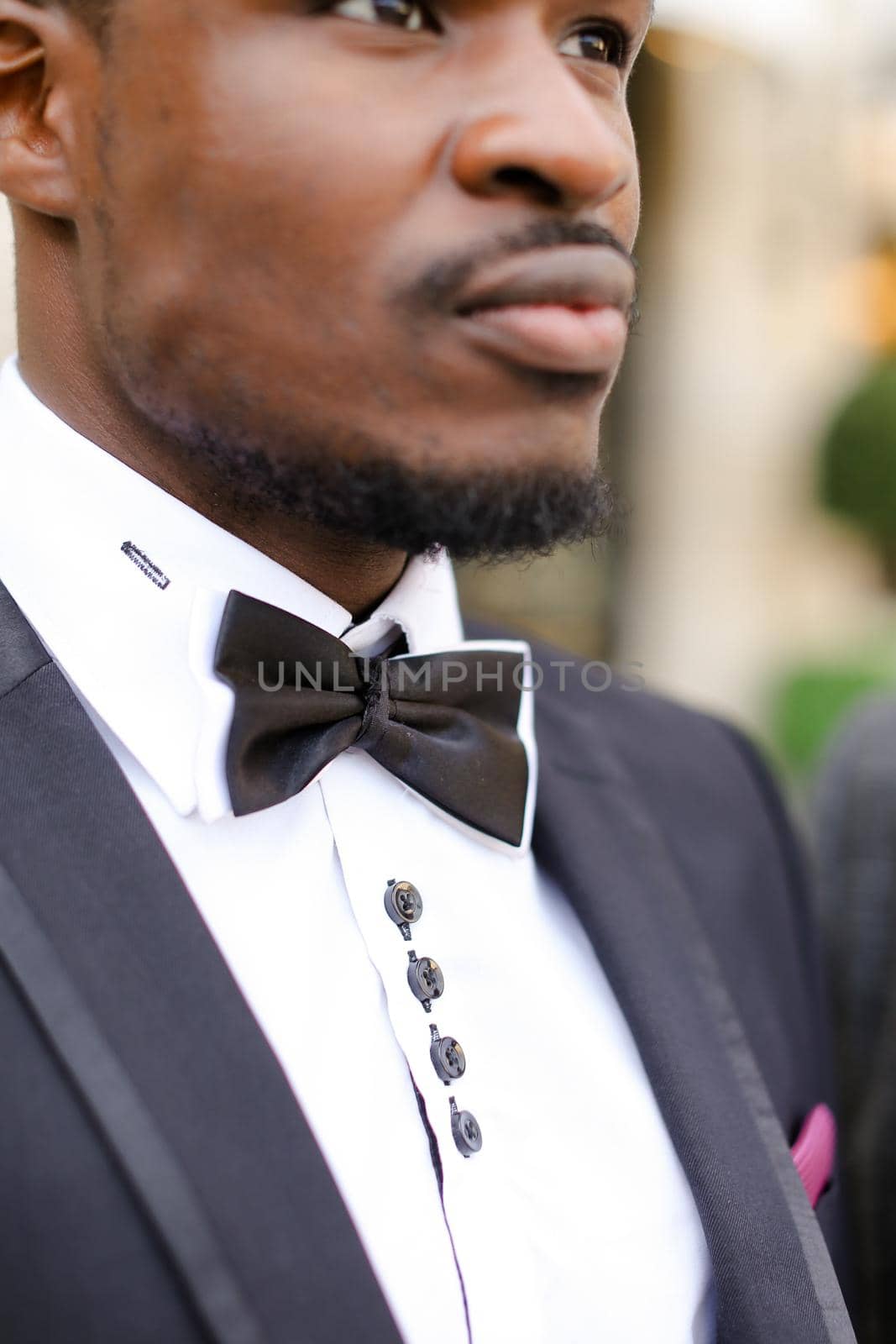 Portrait of afro american handsome man with butterfly tie. Concept of black businessman.