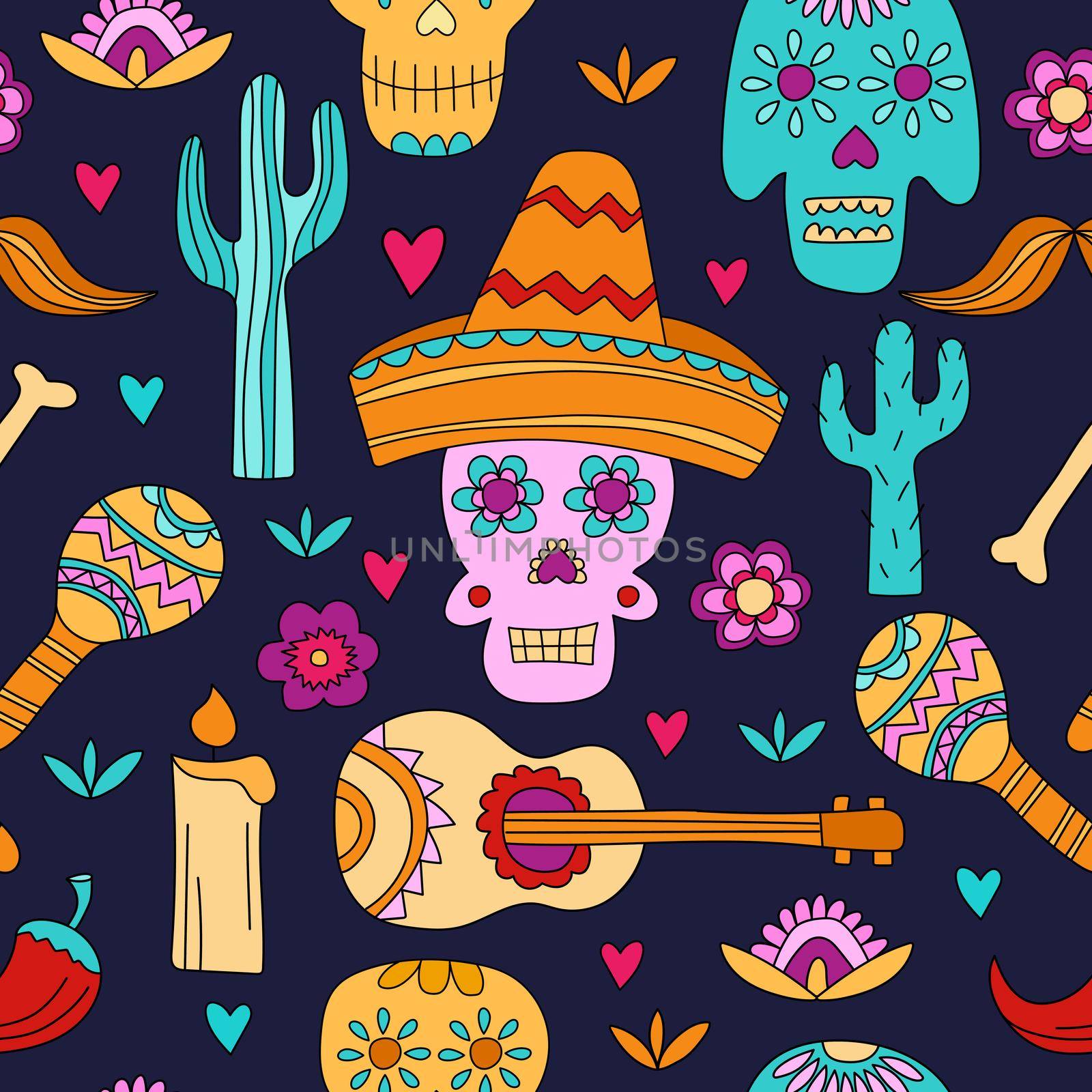 Seamless pattern for Dia de los muertos and Halloween. Sugar skulls on dark blue. Day of the Dead concept. Design for fabric or packaging