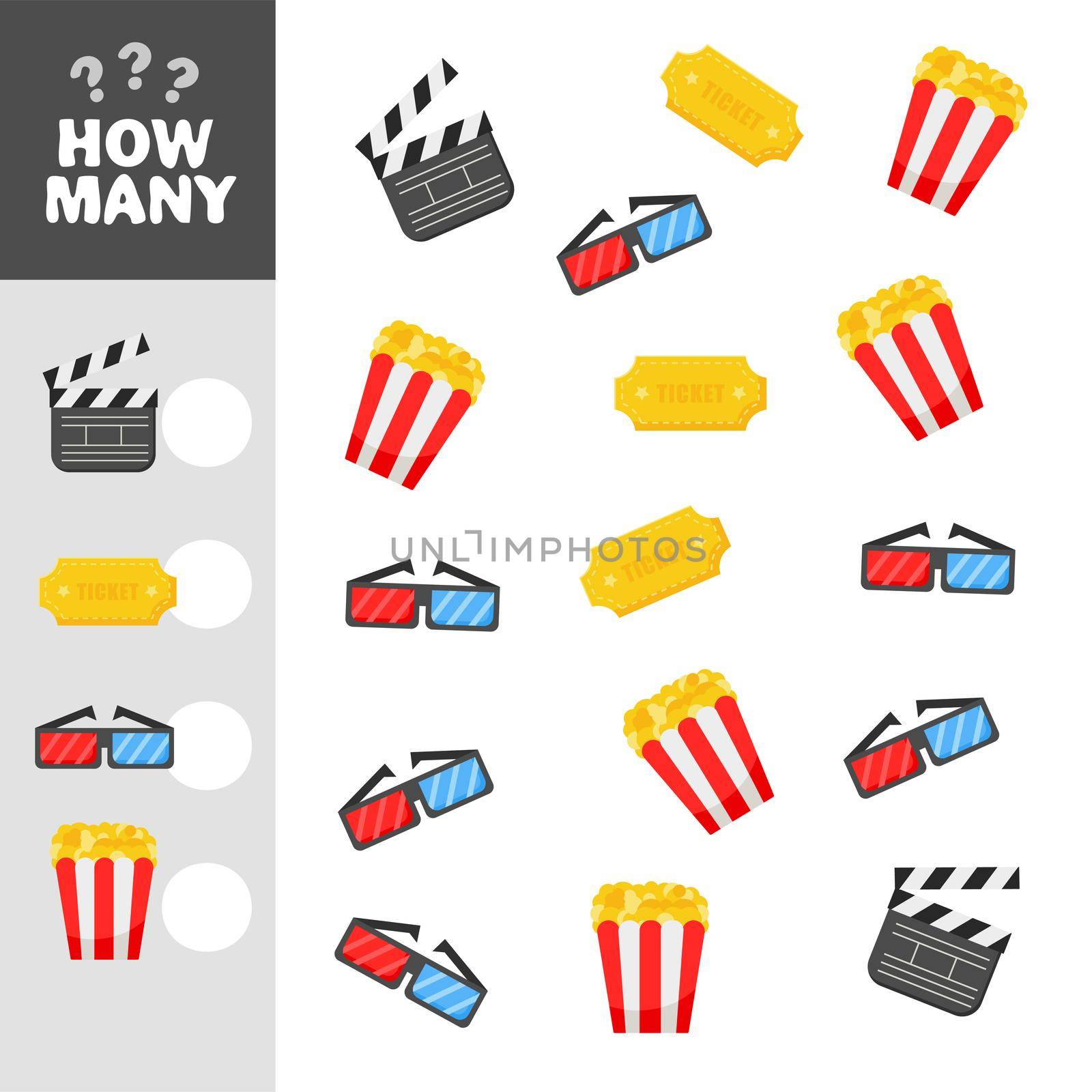 Educational math game for preschool children. How many objects task. Counting game for kids. Cinema icons