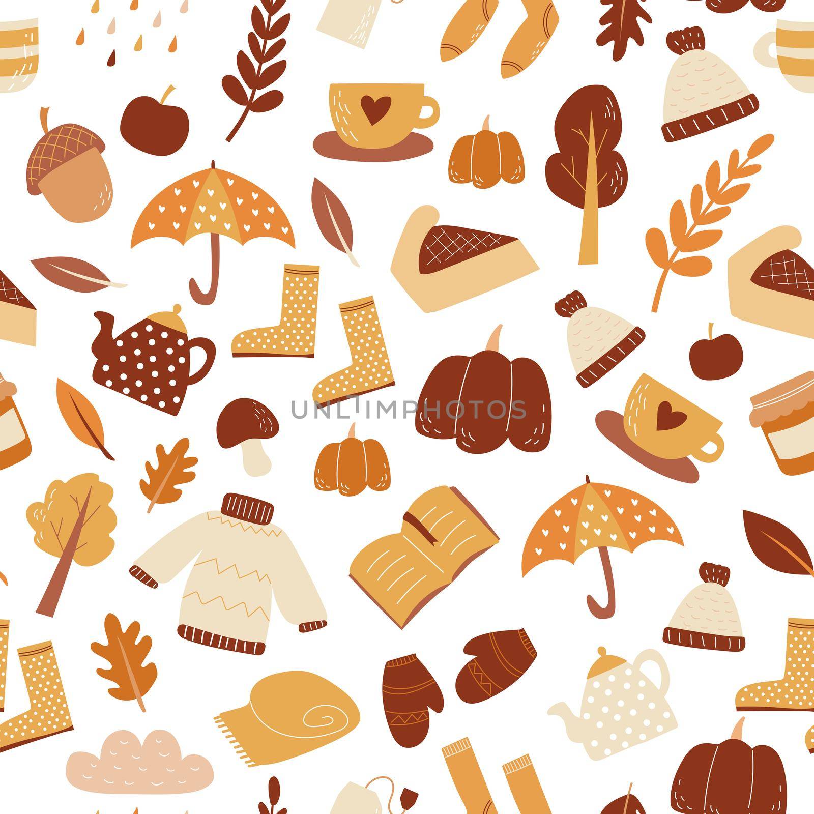 Seamless pattern of autumn set of items, vector wallpaper doodle style fall mood by natali_brill