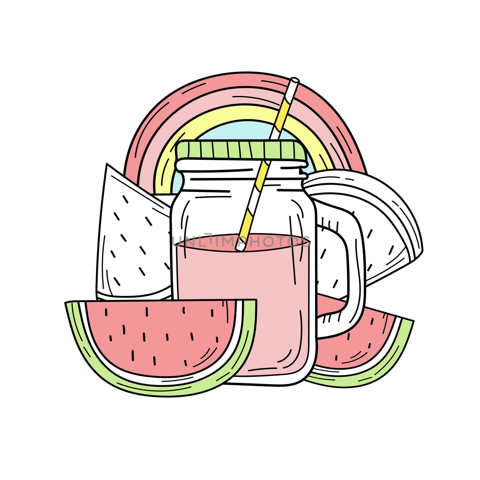 Hand drawn watermelon lemonade in a glass jar. Vector by natali_brill