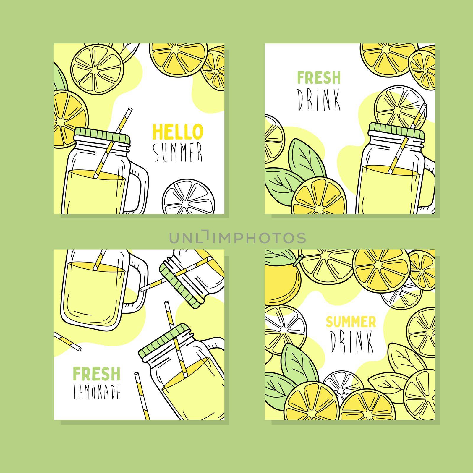 Set of 4 hand drawn cards. Yellow lemons and lemonade in glass jar. by natali_brill