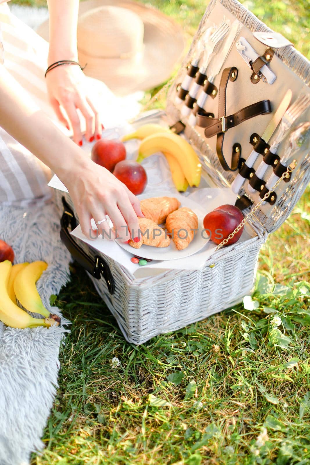 Female hands with bracelet put fruits into box for picnic, grass in background. by sisterspro