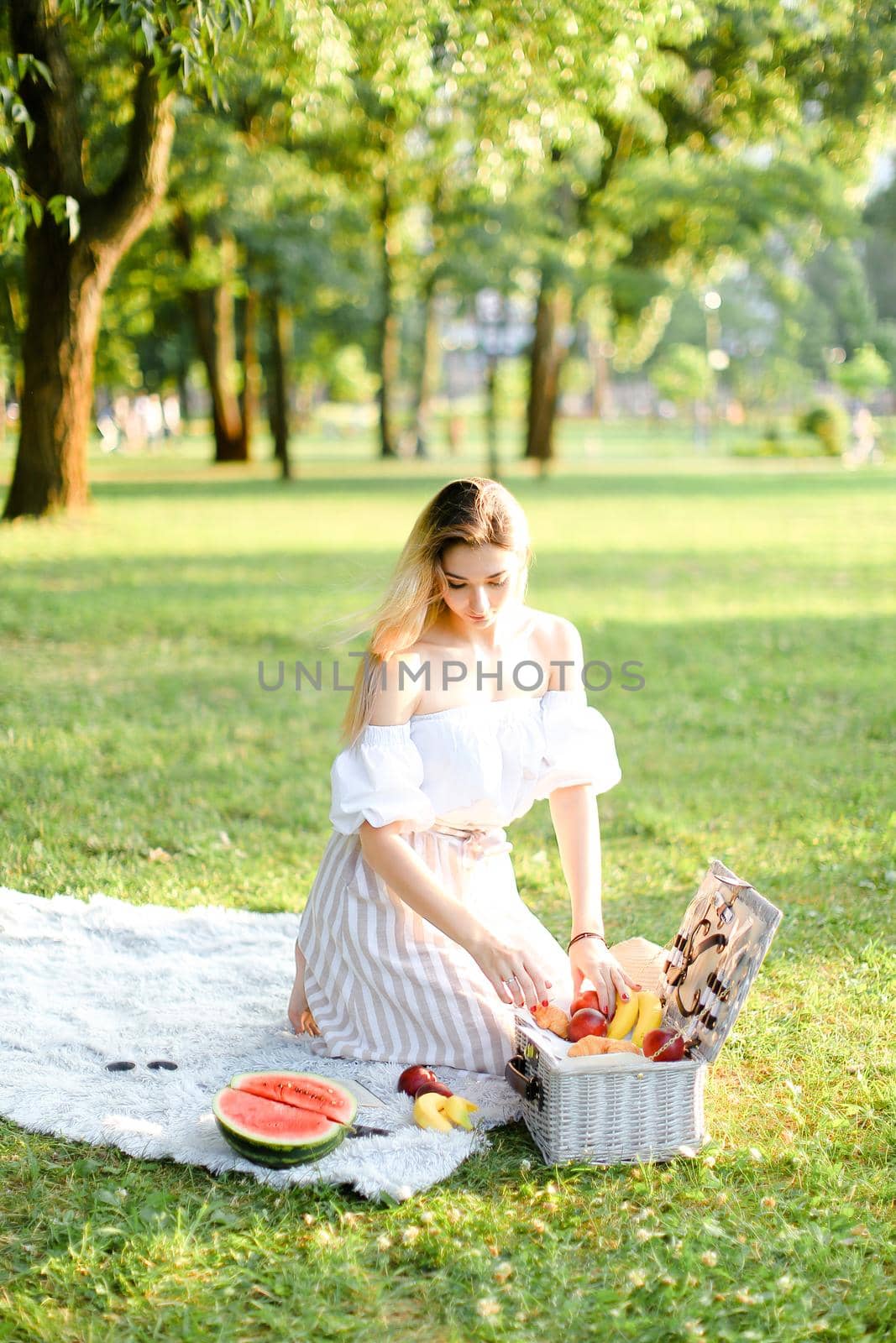 Young woman preparing for picnic in park, sitting on plaid near box and waterlemon. Concept of having leisure time, resting in open air and summer season.