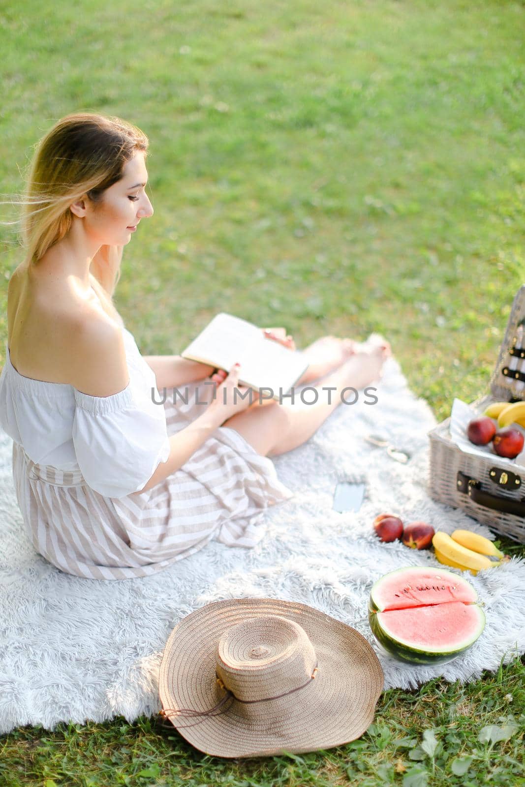 Young caucasian woman reading book and sitting on plaid near fruits in park. by sisterspro