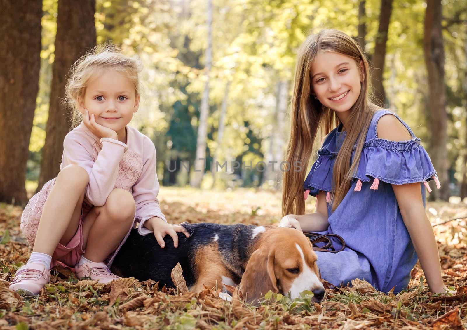 Beautiful sisters playing with dog by GekaSkr