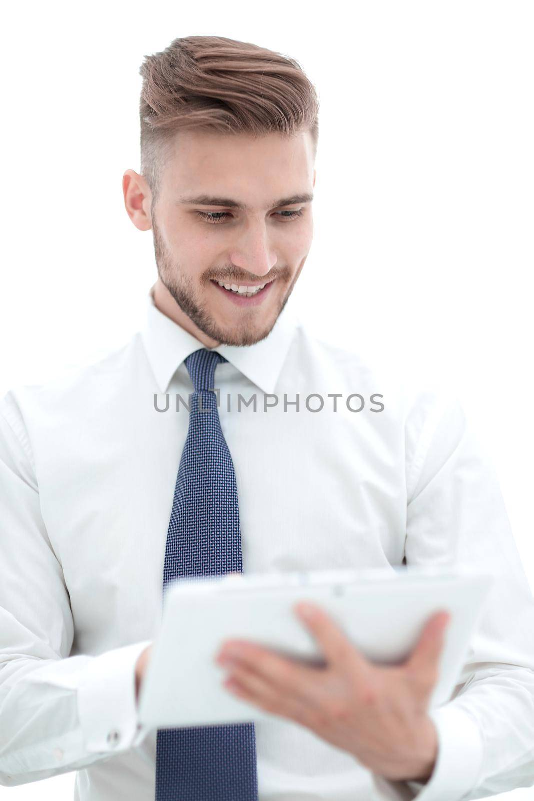 close up.smiling businessman looking at the digital tablet screen by asdf