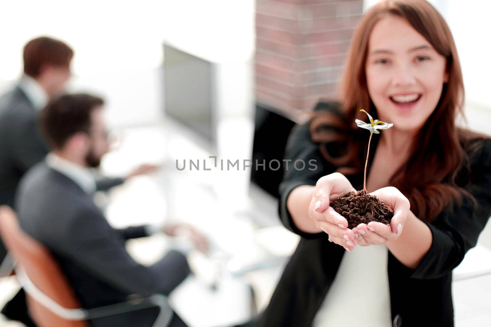 close up. female environmentalist showing fresh sprout .photo with copy space