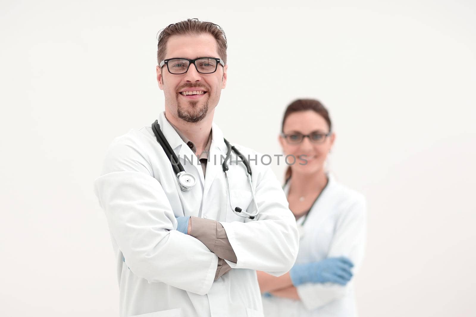 doctor and nurse on a light background.photo with copy space