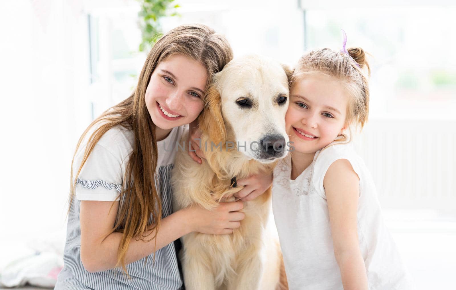 Little girls with cute dog in bright room