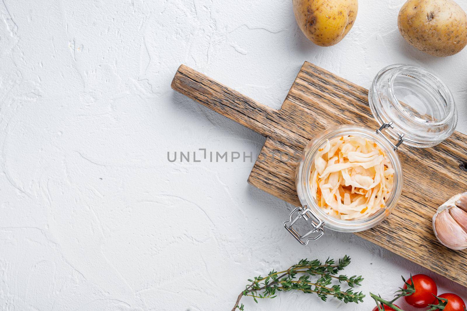 Cabbage preserving set, on white background, top view flat lay , with space for text copyspace