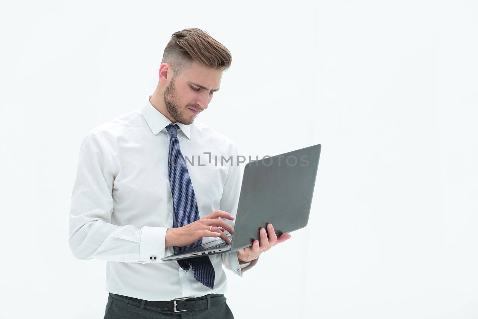 close up.businessman in white shirt using laptop.isolated on white