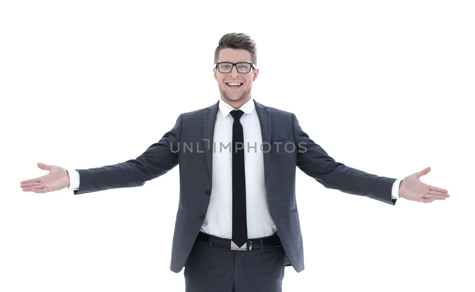 happy man with his hands raised up isolated