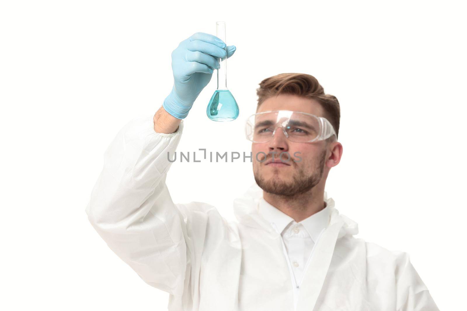 successful scientist showing thumb up.photo with copy space