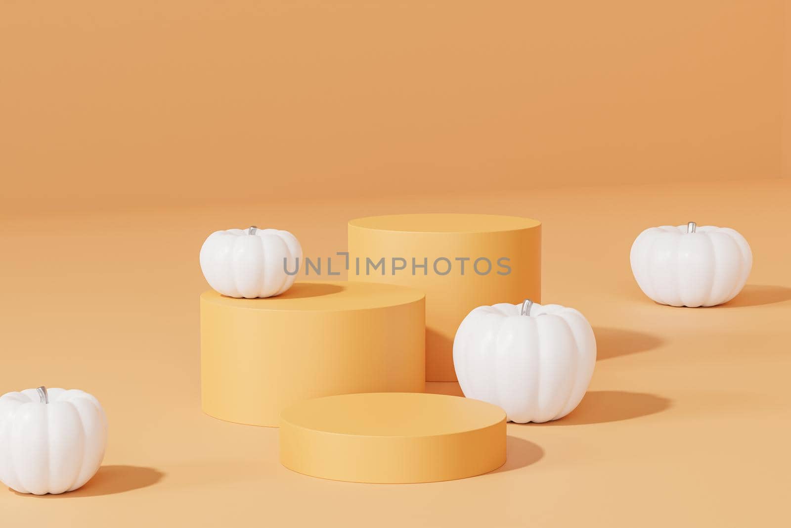 Podiums or pedestals with white pumpkins for products display or advertising for autumn holidays on orange background, 3d render