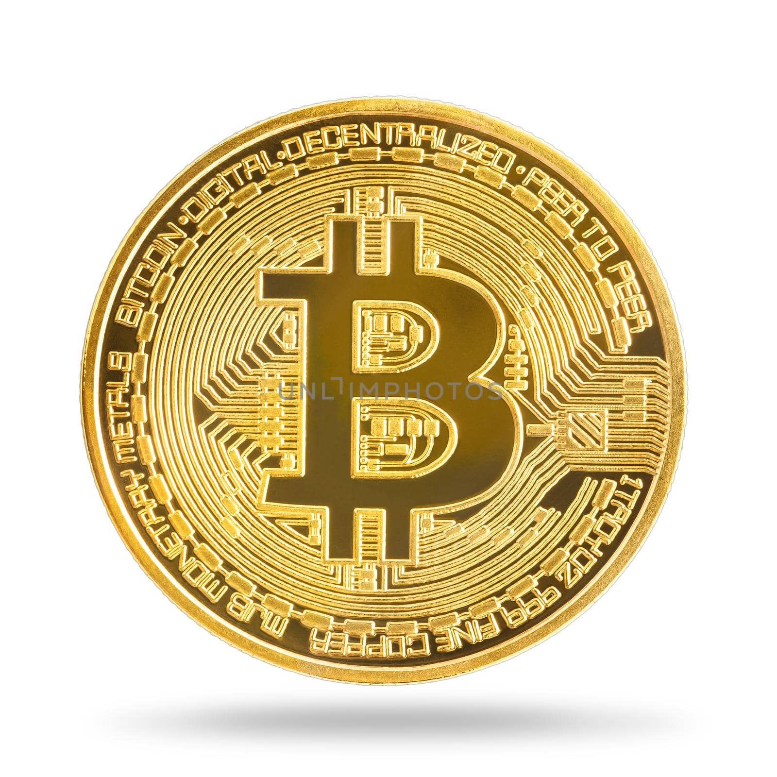 Close up golden bitcoin coin isolated on white background with clipping path