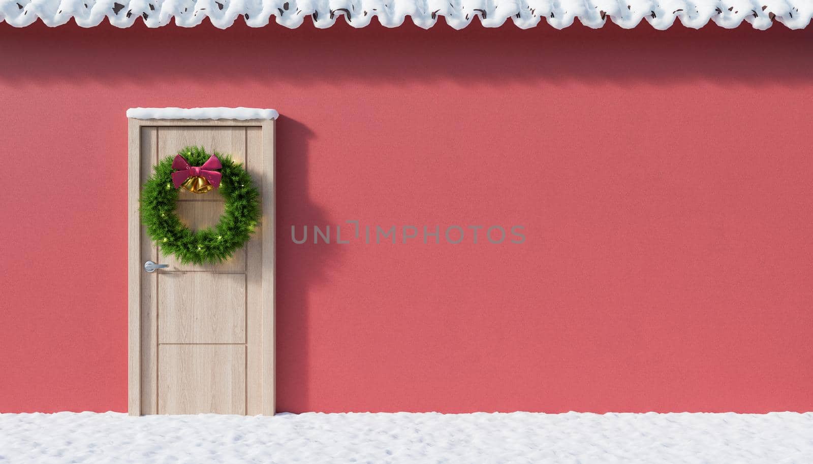 Facade with snow and a door decorated for Christmas. by asolano