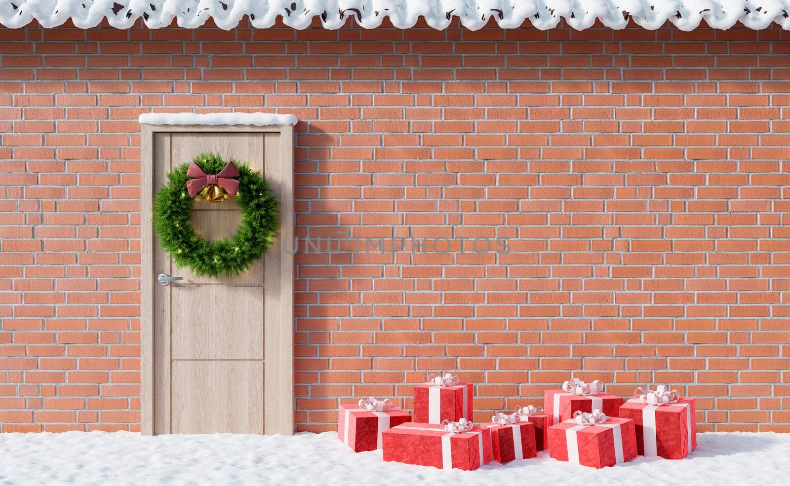 Facade with snow, door and gifts on the ground by asolano