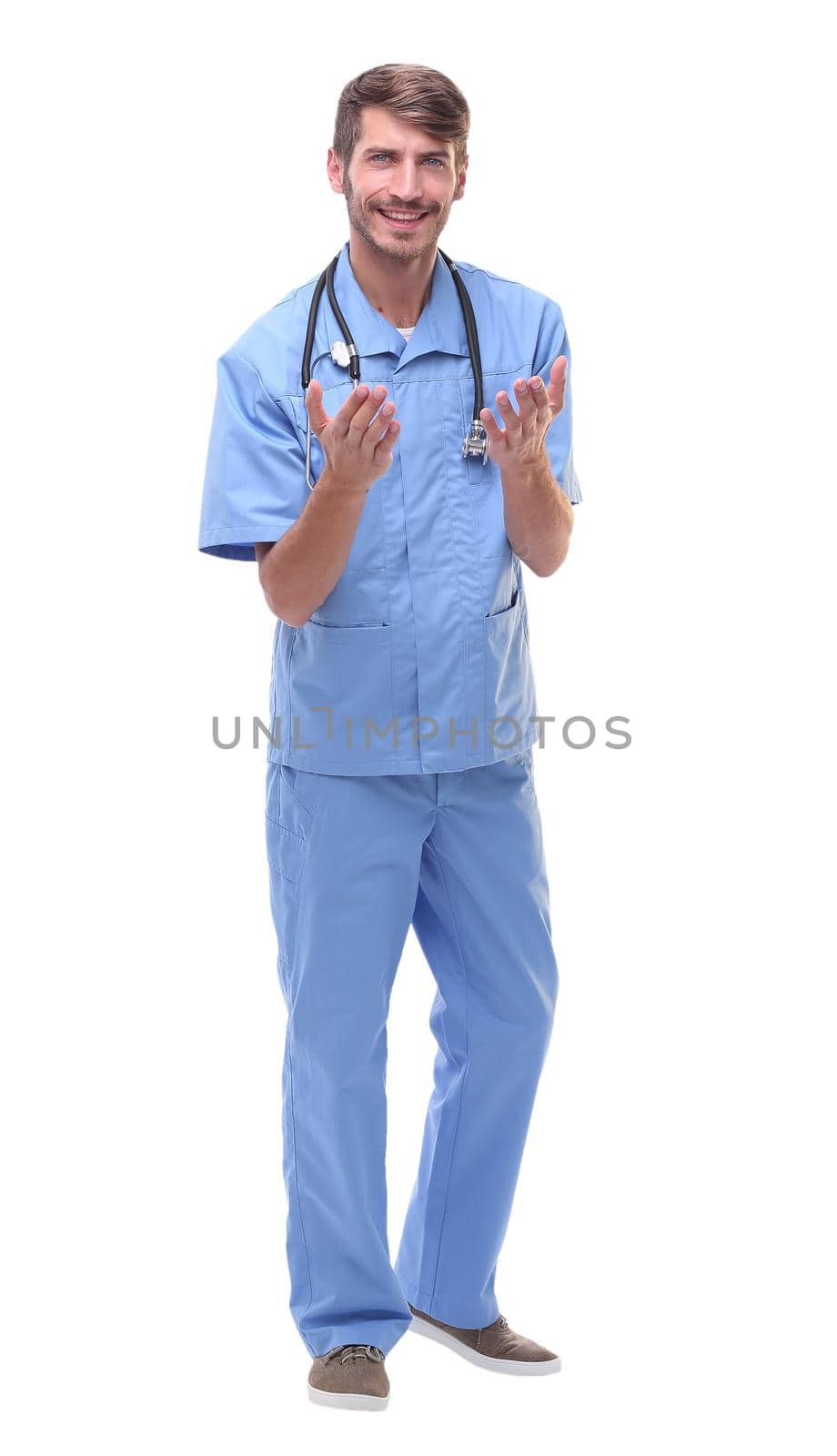 in full growth.modern medical doctor with stethoscope.isolated on white background
