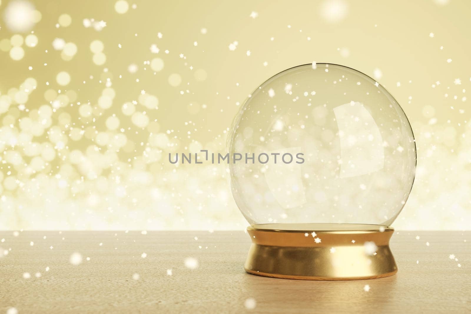empty christmas ball with glowing background of lights and falling snowflakes. copy space. 3d rendering