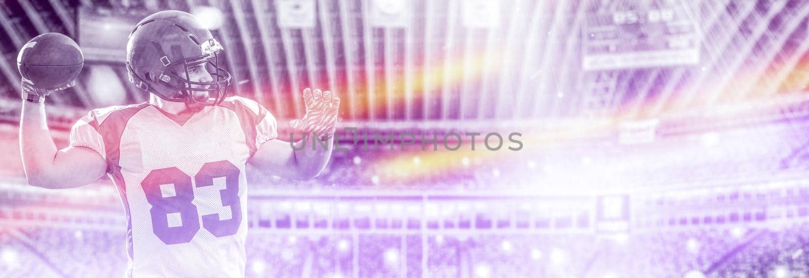 one quarterback american football player throwing ball isolated on big modern stadium field with lights and flares