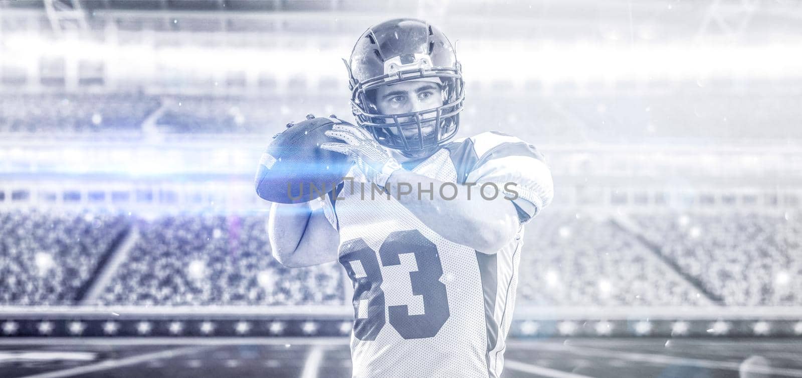 one quarterback american football player throwing ball isolated on big modern stadium field with lights and flares