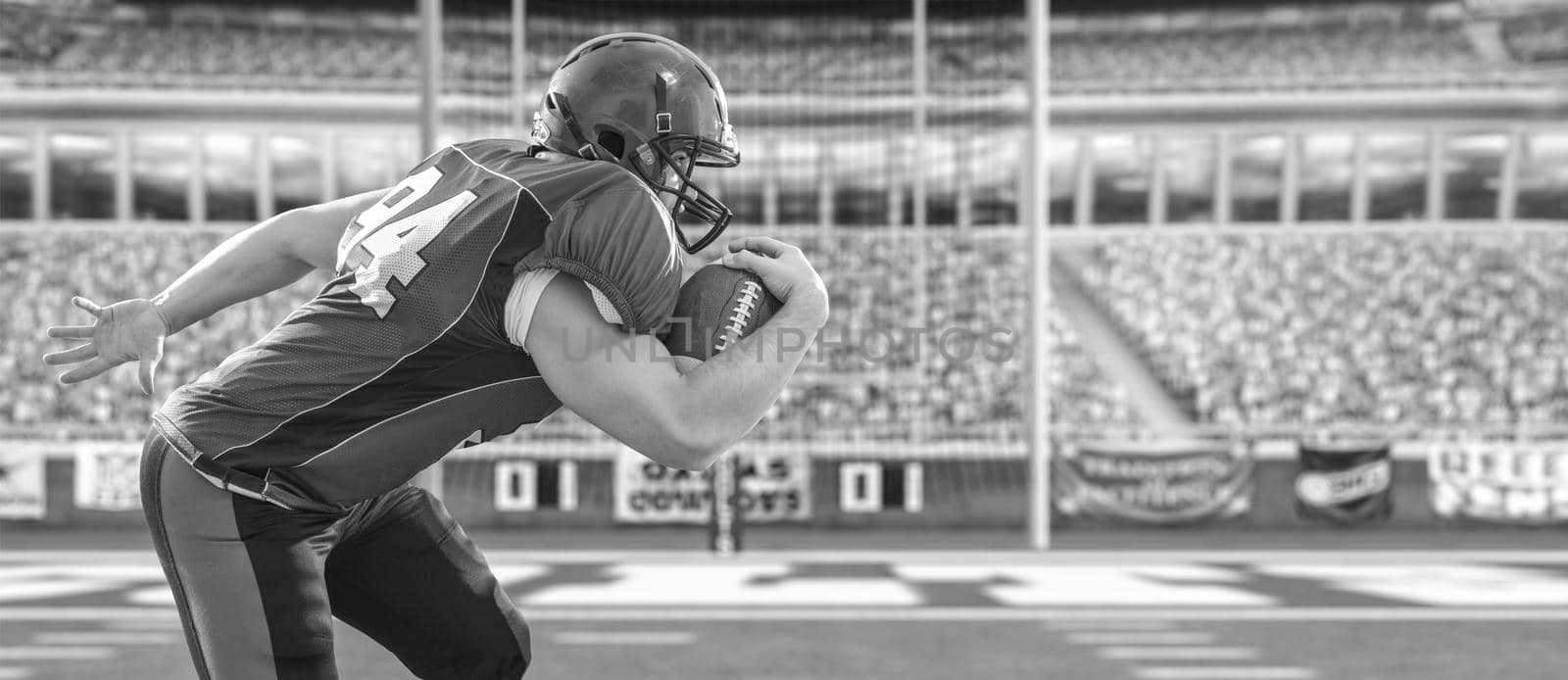 American football Player running with the ball isolated on big modern stadium field with lights and flares